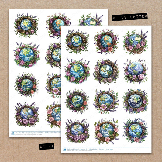 A4 and US Letter format comparison showing Earth in Floral Nest fussy cut pages for print and cut crafting