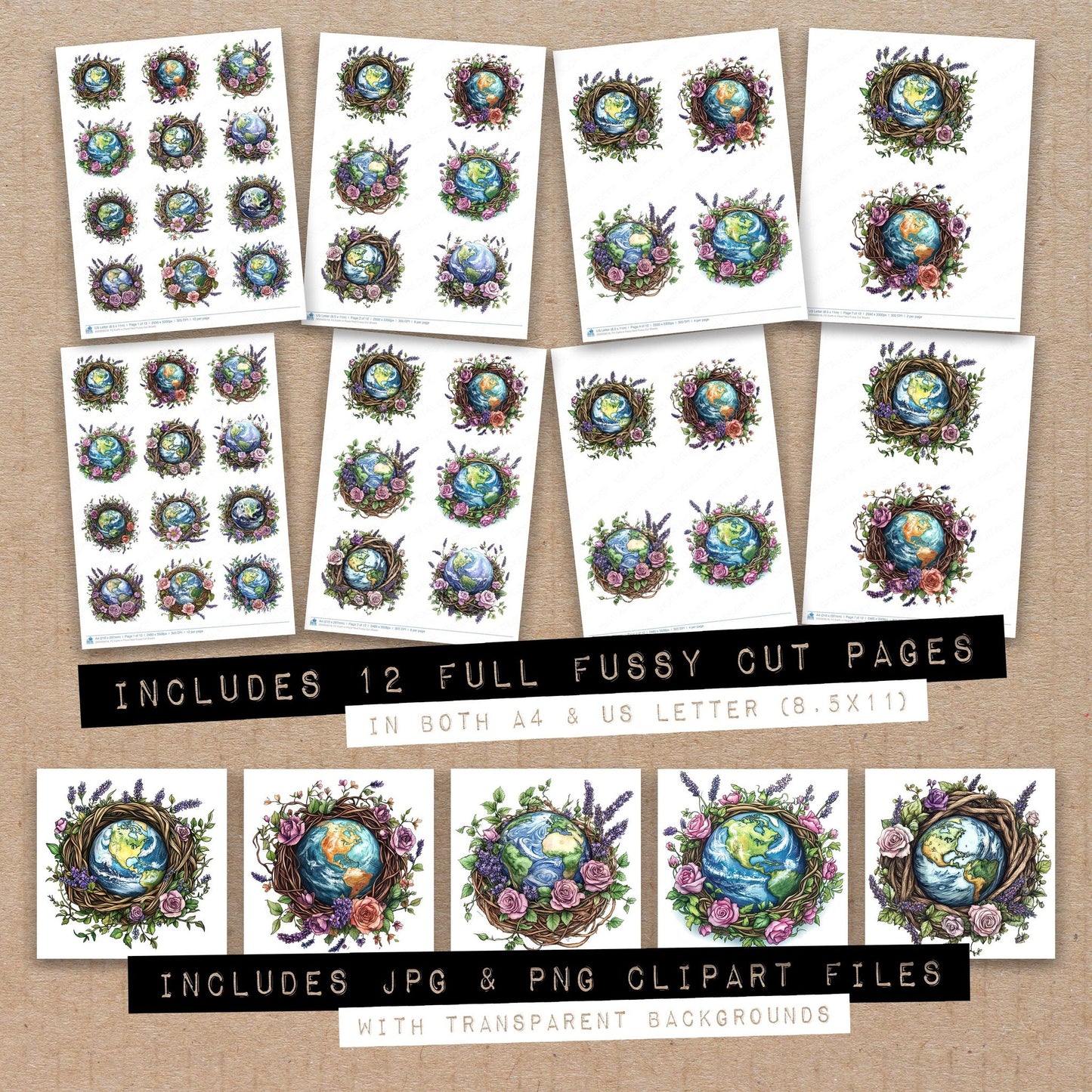 Full collection view of Earth in Floral Nest fussy cut sheets with bonus clipart JPG and PNG files