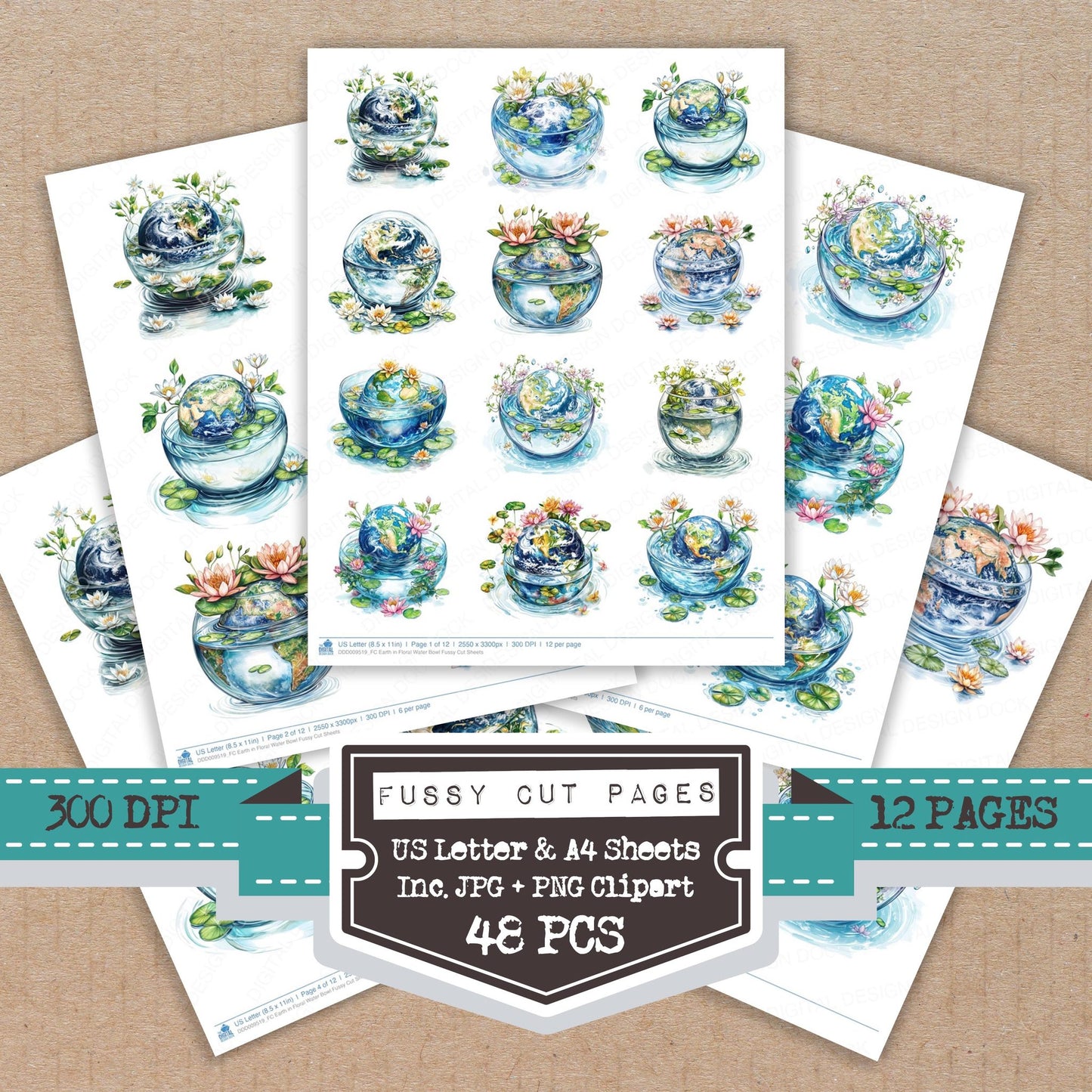 Earth in Floral Water Bowl fussy cut printable sheets for junk journaling, scrapbooking, and paper craft projects