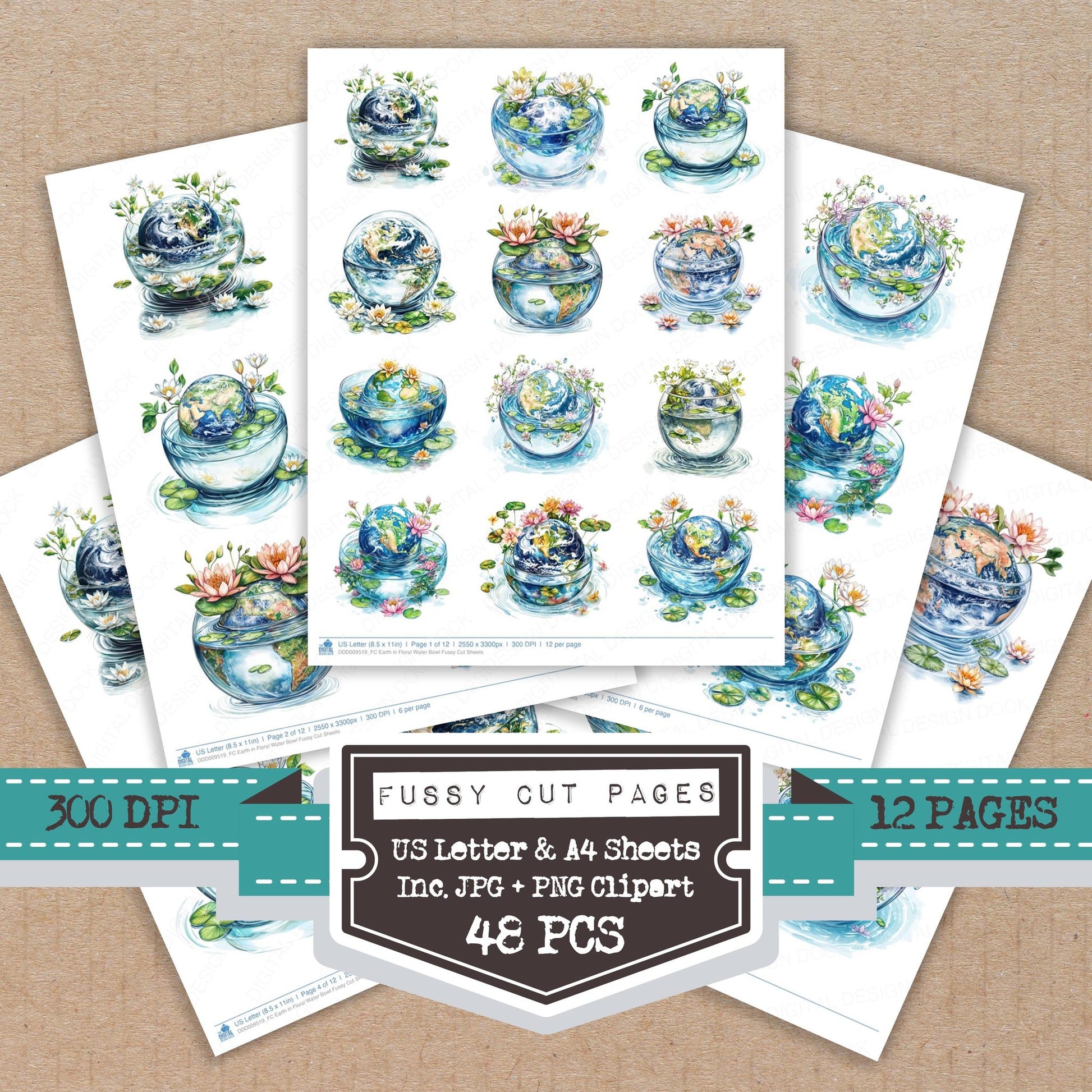 Earth in Floral Water Bowl fussy cut printable sheets for junk journaling, scrapbooking, and paper craft projects