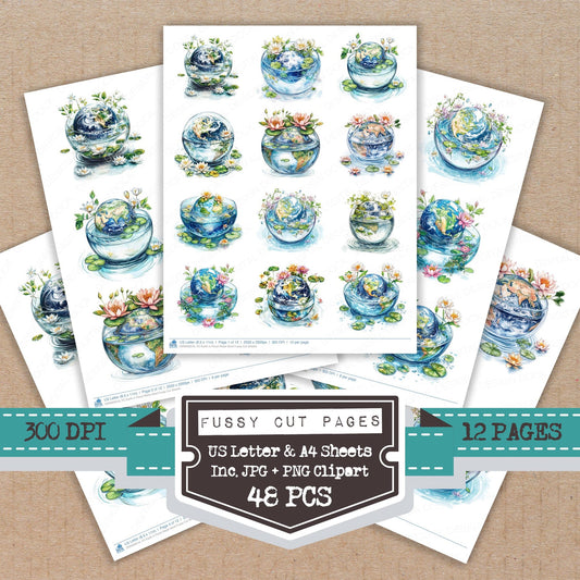Earth in Floral Water Bowl fussy cut printable sheets for junk journaling, scrapbooking, and paper craft projects