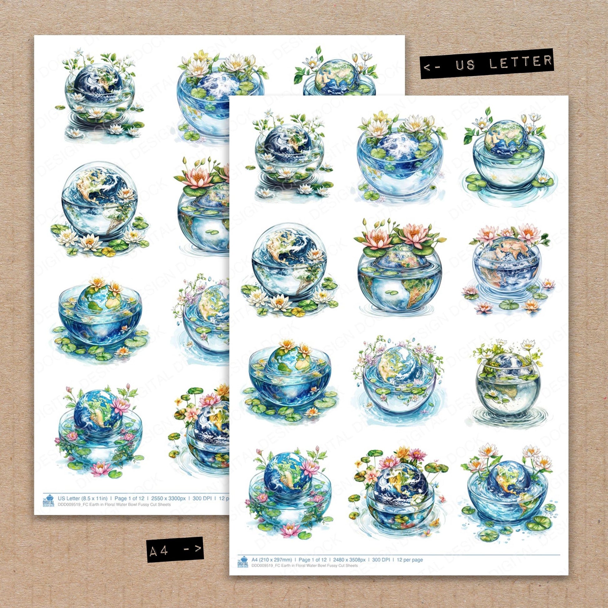 A4 and US Letter format comparison showing Earth in Floral Water Bowl fussy cut pages for print and cut crafting