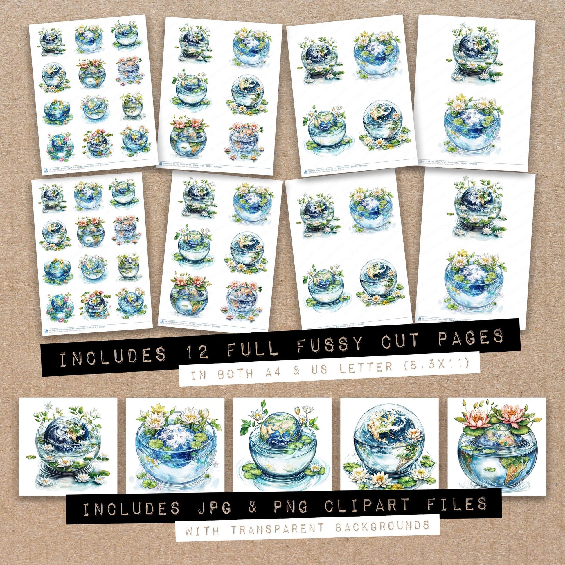 Full collection view of Earth in Floral Water Bowl fussy cut sheets with bonus clipart JPG and PNG files