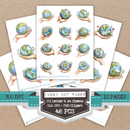 Earth Palm of Hand fussy cut printable sheets for junk journaling, scrapbooking, and paper craft projects