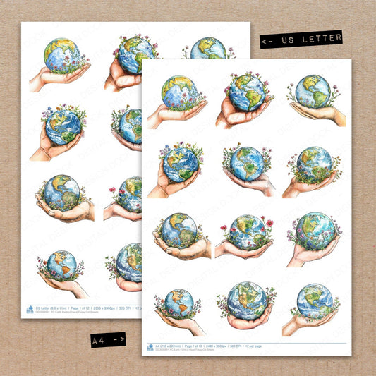 A4 and US Letter format comparison showing Earth Palm of Hand fussy cut pages for print and cut crafting