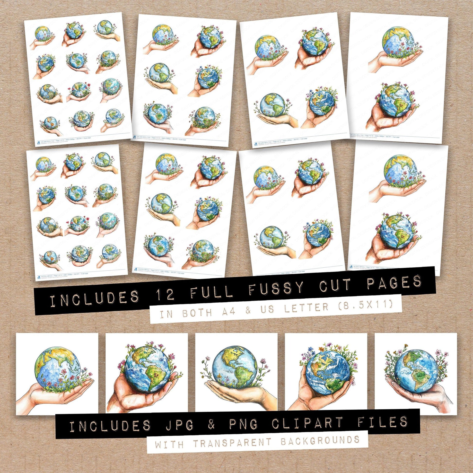 Full collection view of Earth Palm of Hand fussy cut sheets with bonus clipart JPG and PNG files