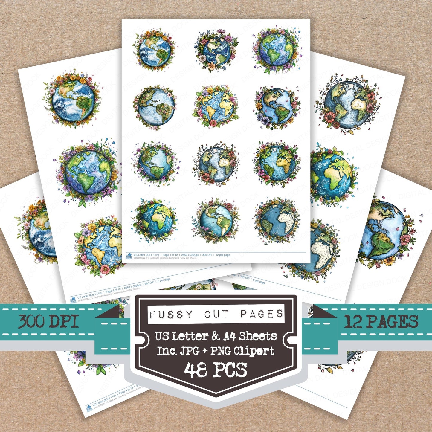 Earth with Blooming Continents fussy cut printable sheets for junk journaling, scrapbooking, and paper craft projects