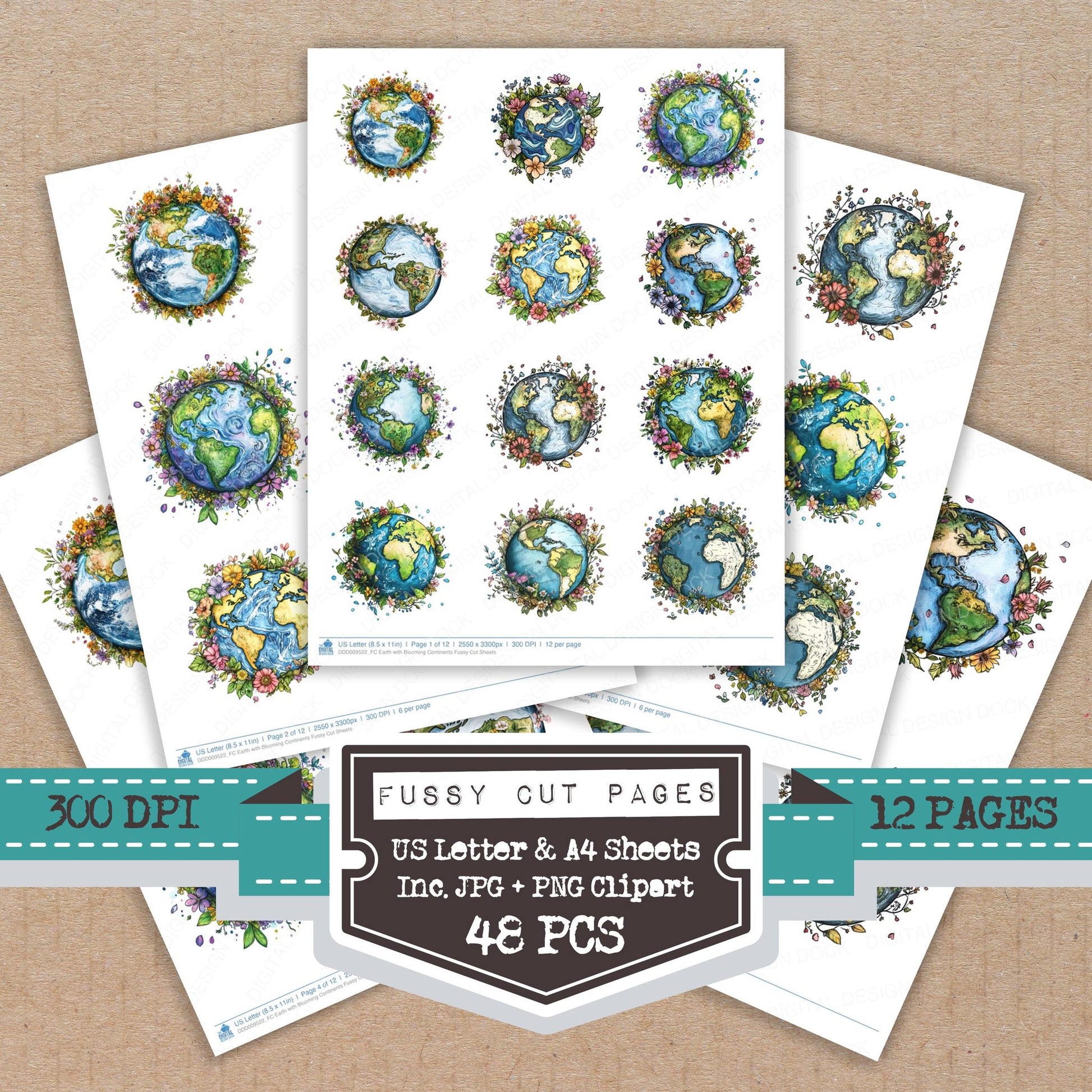 Earth with Blooming Continents fussy cut printable sheets for junk journaling, scrapbooking, and paper craft projects