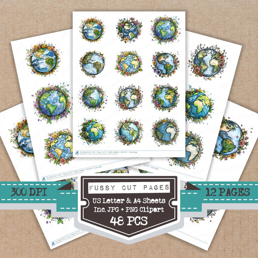 Earth with Blooming Continents fussy cut printable sheets for junk journaling, scrapbooking, and paper craft projects