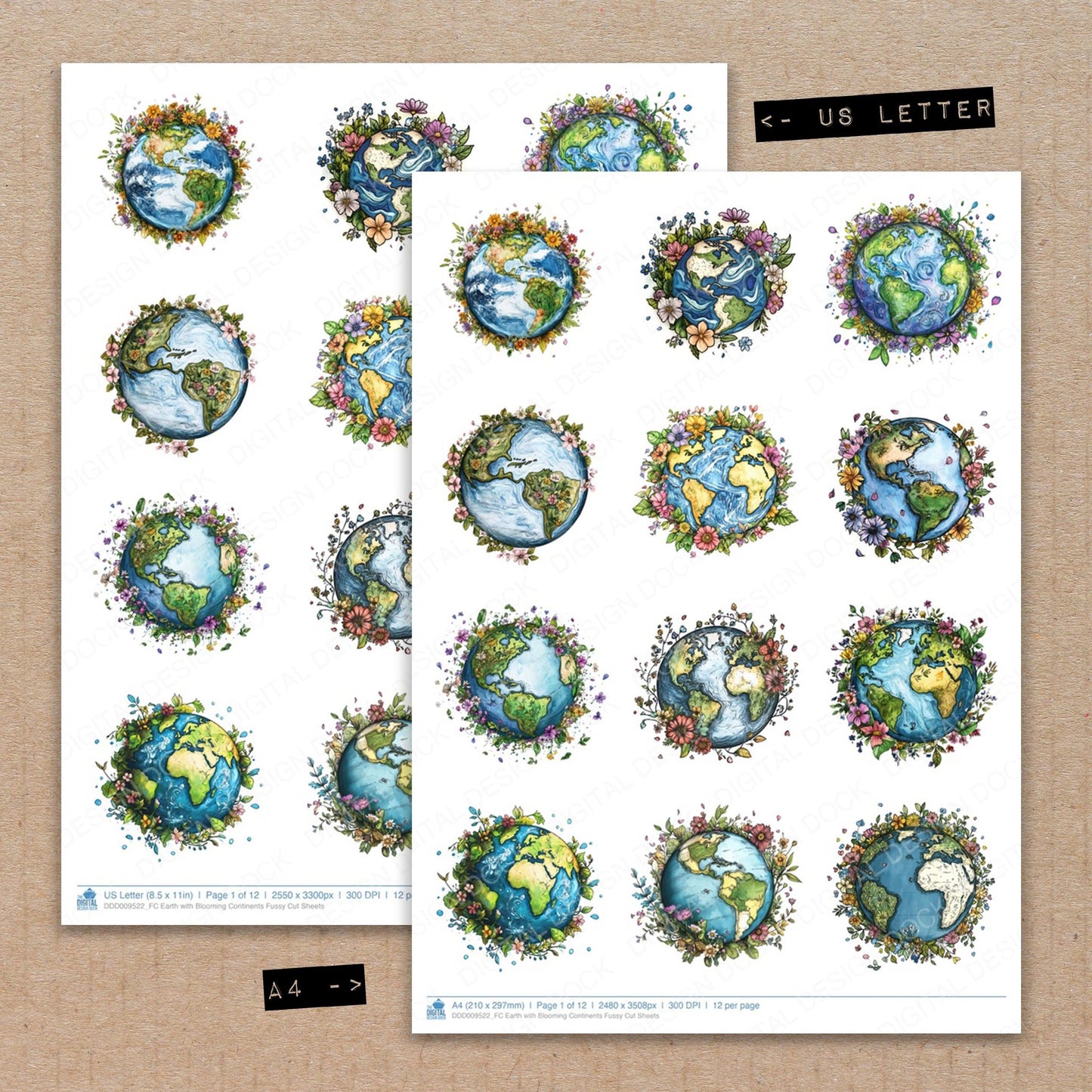 A4 and US Letter format comparison showing Earth with Blooming Continents fussy cut pages for print and cut crafting