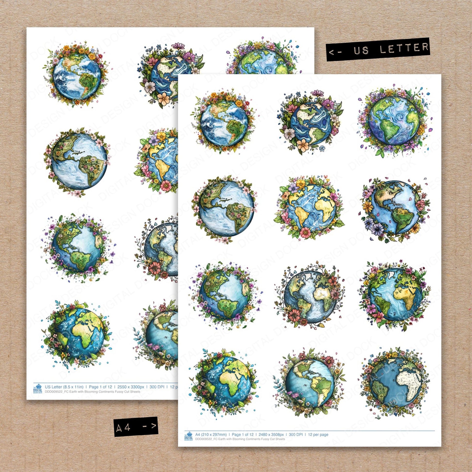 A4 and US Letter format comparison showing Earth with Blooming Continents fussy cut pages for print and cut crafting
