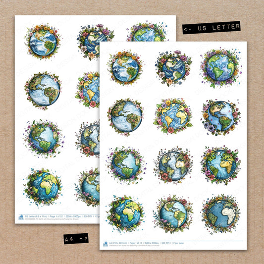 A4 and US Letter format comparison showing Earth with Blooming Continents fussy cut pages for print and cut crafting