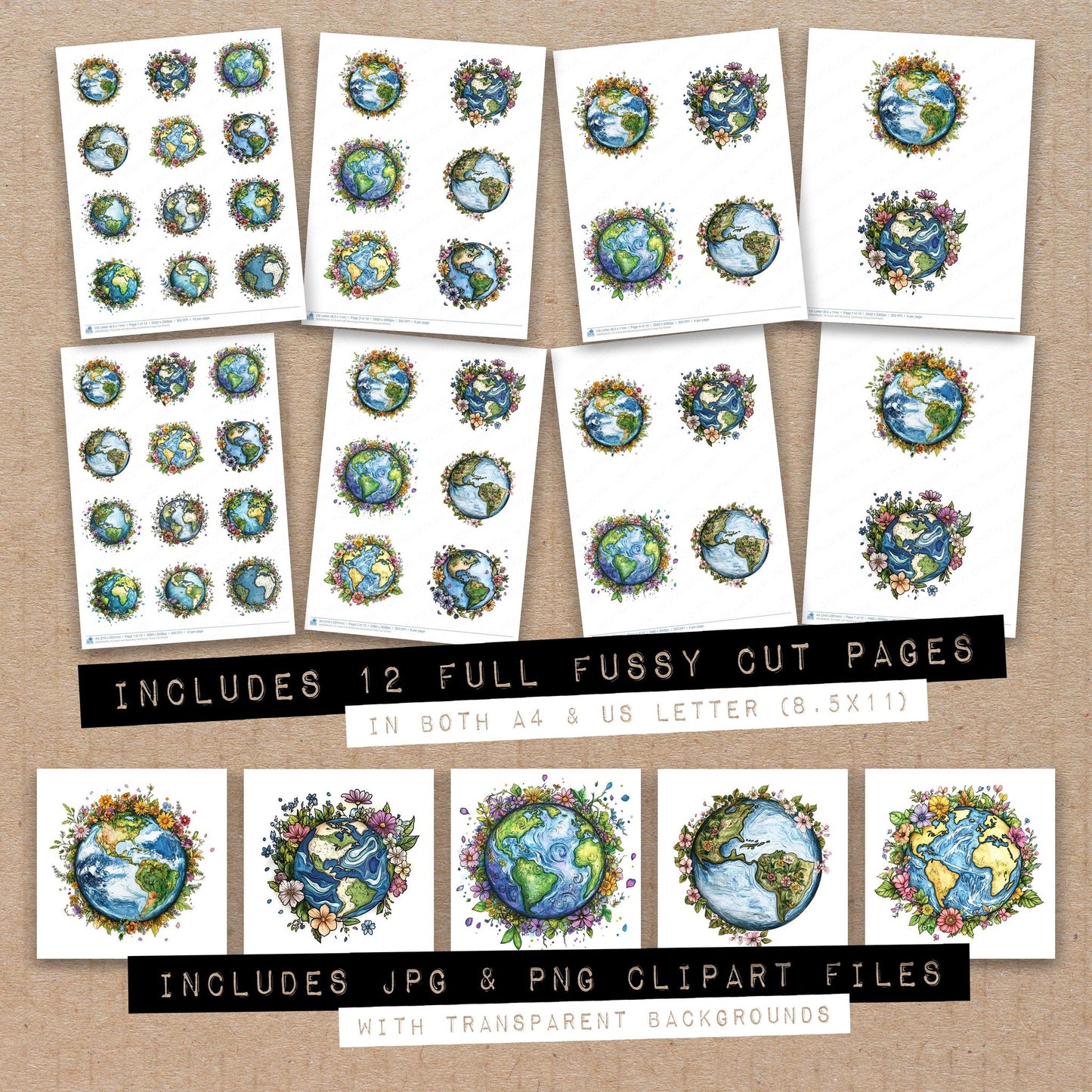 Full collection view of Earth with Blooming Continents fussy cut sheets with bonus clipart JPG and PNG files