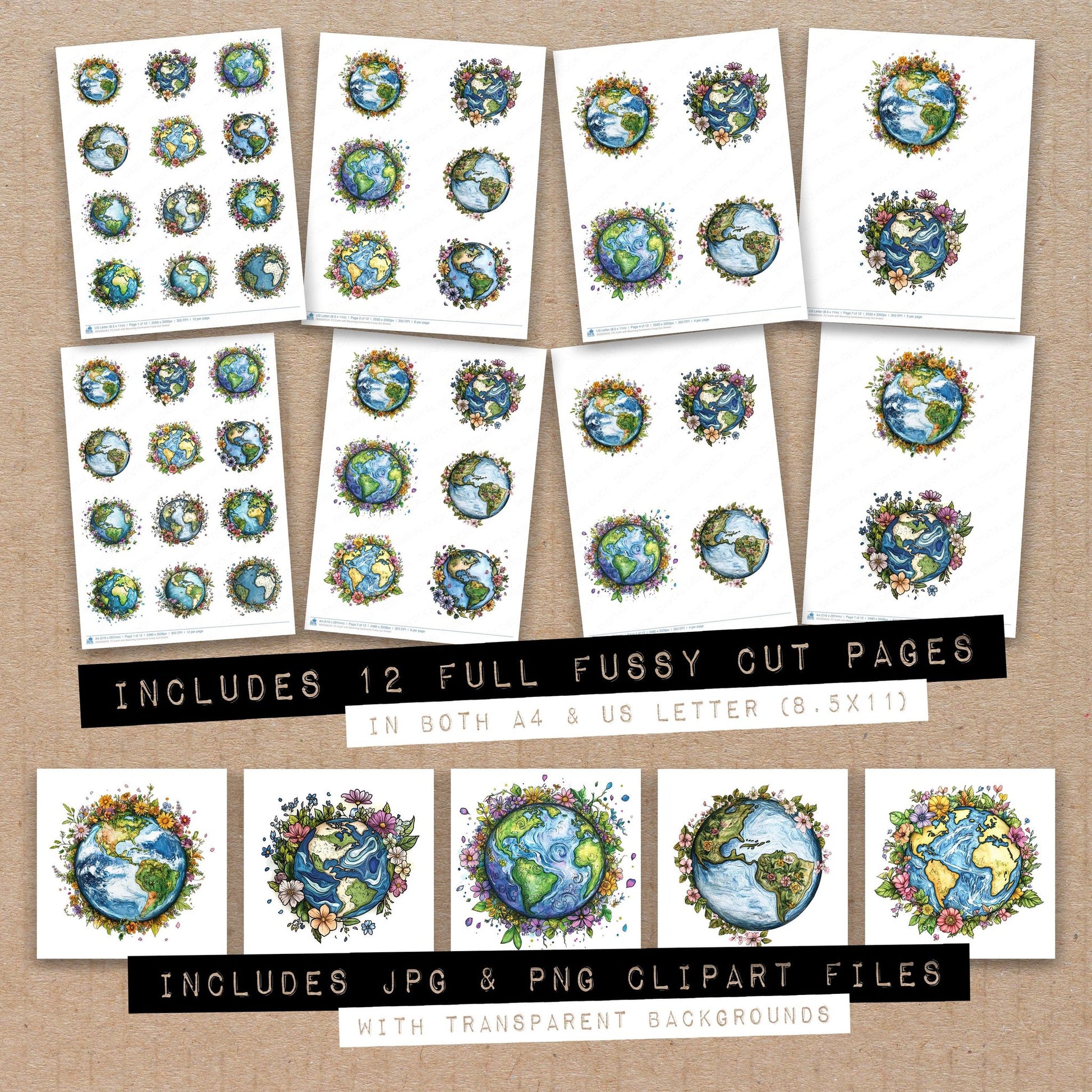 Full collection view of Earth with Blooming Continents fussy cut sheets with bonus clipart JPG and PNG files