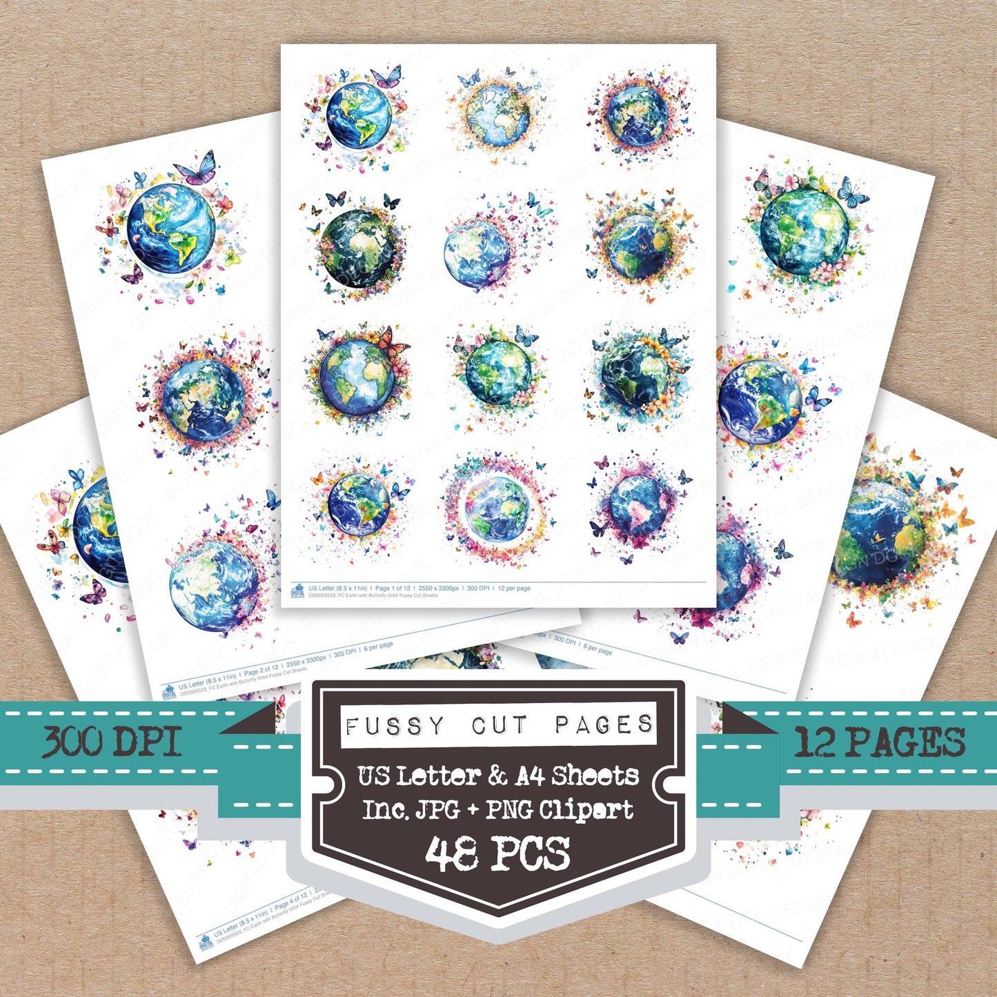 Earth with Butterfly Orbit fussy cut printable sheets for junk journaling, scrapbooking, and paper craft projects