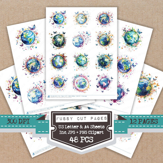 Earth with Butterfly Orbit fussy cut printable sheets for junk journaling, scrapbooking, and paper craft projects