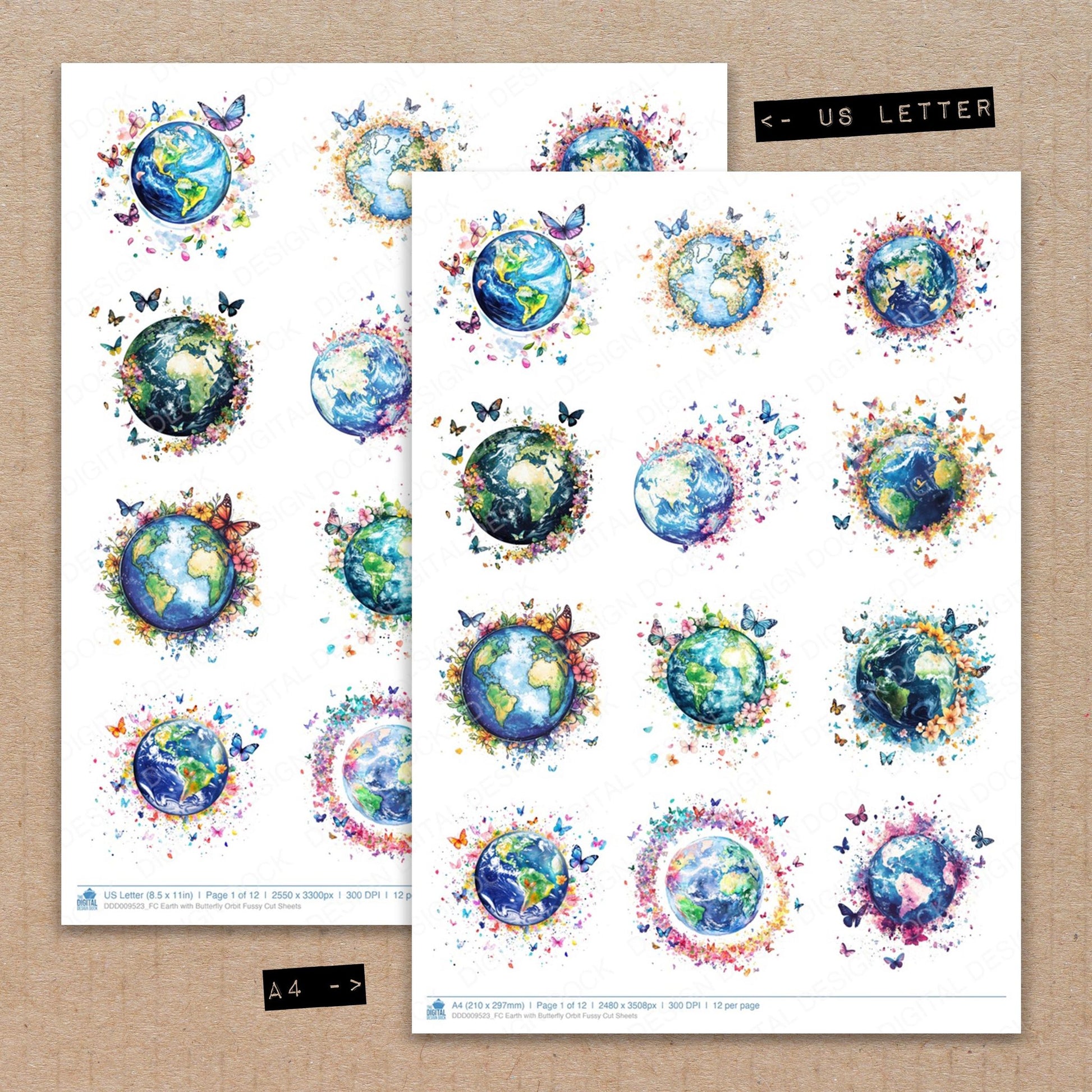 A4 and US Letter format comparison showing Earth with Butterfly Orbit fussy cut pages for print and cut crafting