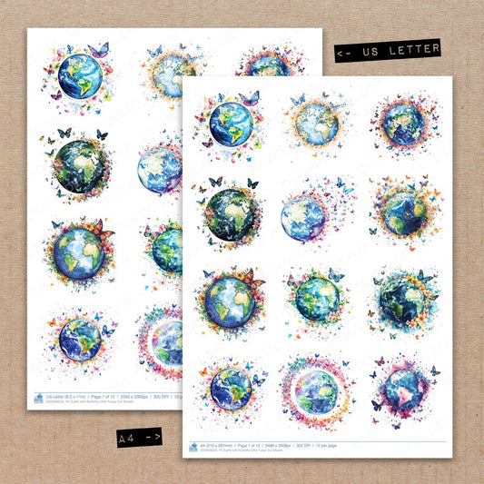 A4 and US Letter format comparison showing Earth with Butterfly Orbit fussy cut pages for print and cut crafting