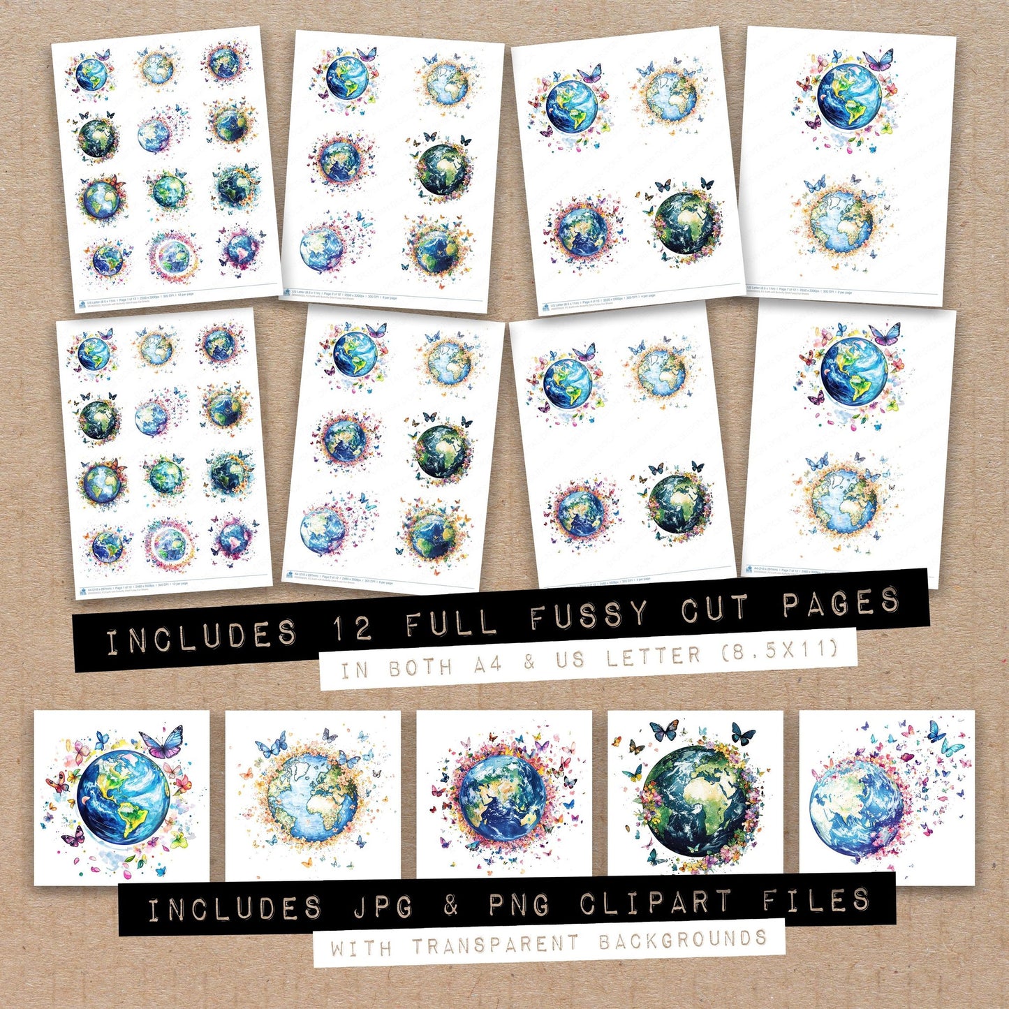 Full collection view of Earth with Butterfly Orbit fussy cut sheets with bonus clipart JPG and PNG files