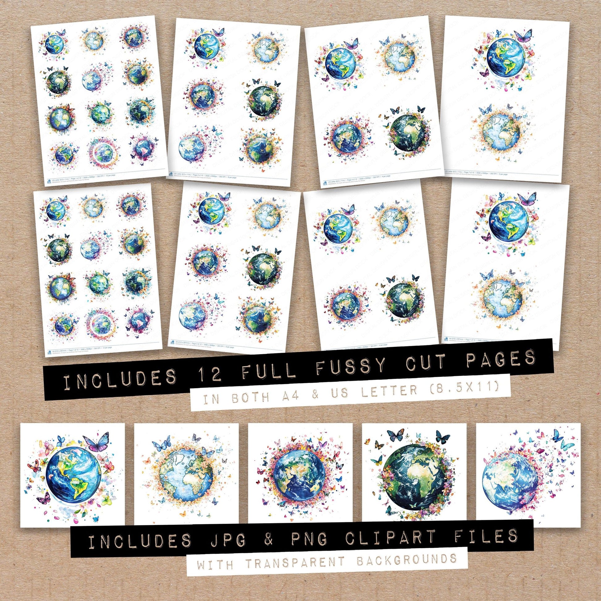 Full collection view of Earth with Butterfly Orbit fussy cut sheets with bonus clipart JPG and PNG files