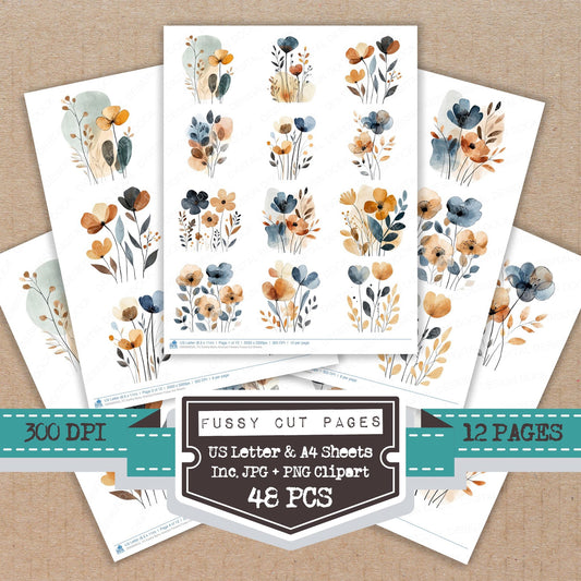 Earthy Boho Abstract Flowers fussy cut printable sheets for junk journaling, scrapbooking, and paper craft projects