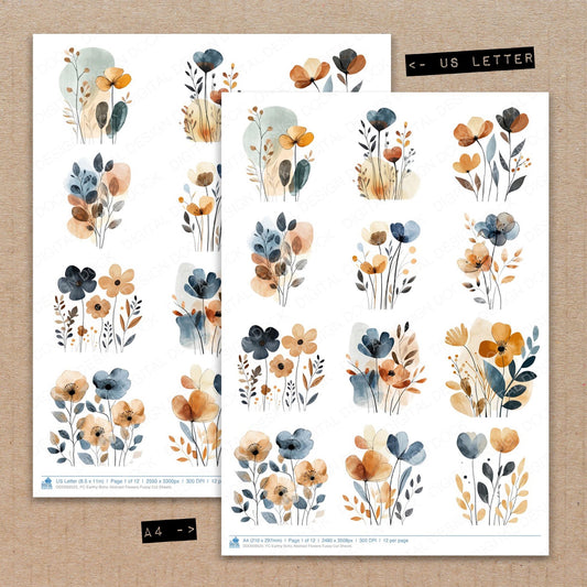 A4 and US Letter format comparison showing Earthy Boho Abstract Flowers fussy cut pages for print and cut crafting