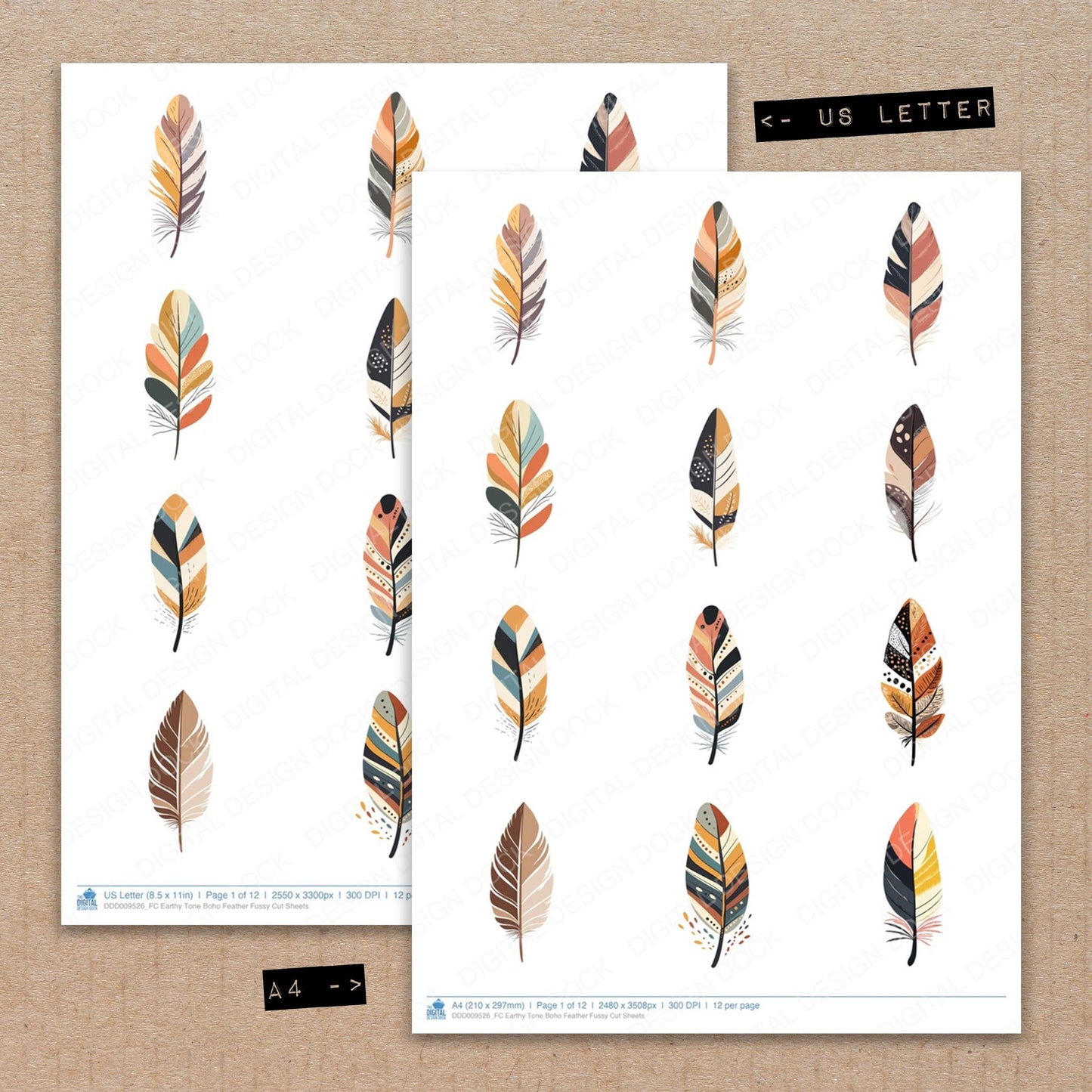 A4 and US Letter format comparison showing Earthy Tone Boho Feather fussy cut pages for print and cut crafting