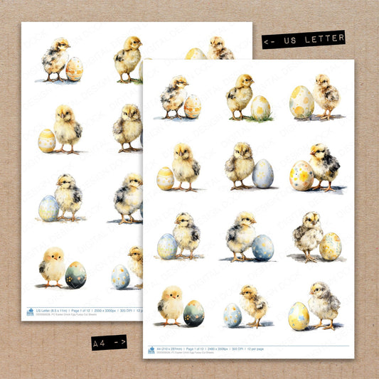 A4 and US Letter format comparison showing Easter Chick Egg fussy cut pages for print and cut crafting