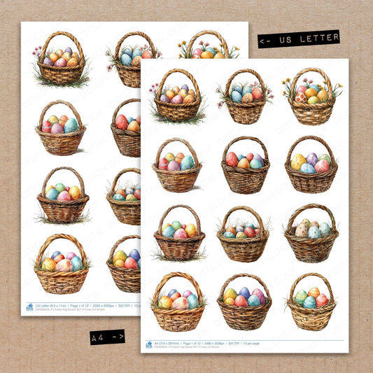 A4 and US Letter format comparison showing Easter Egg Basket A fussy cut pages for print and cut crafting