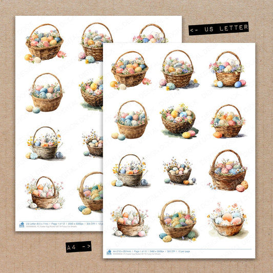 A4 and US Letter format comparison showing Easter Egg Basket B fussy cut pages for print and cut crafting