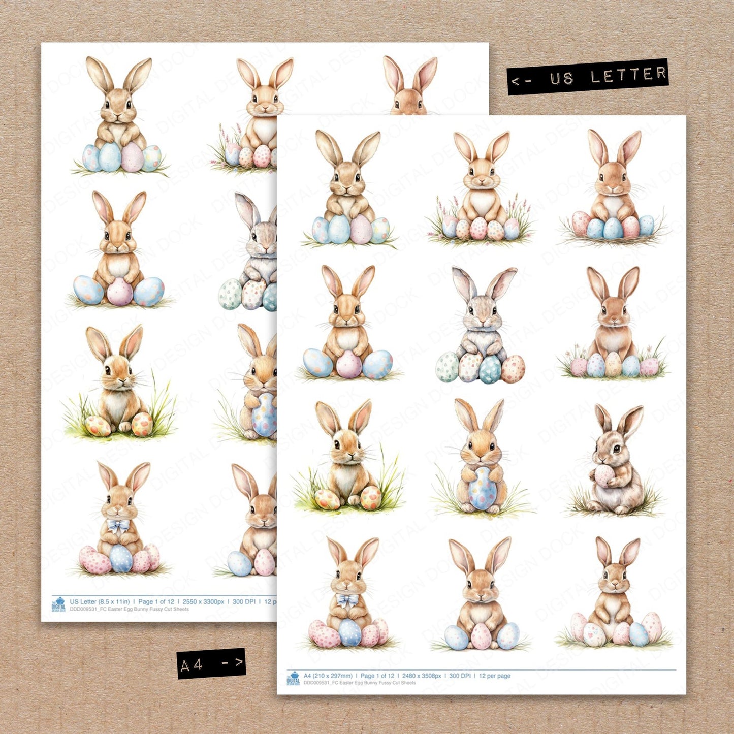 A4 and US Letter format comparison showing Easter Egg Bunny fussy cut pages for print and cut crafting