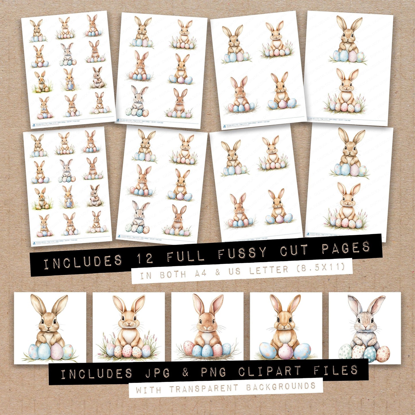 Full collection view of Easter Egg Bunny fussy cut sheets with bonus clipart JPG and PNG files