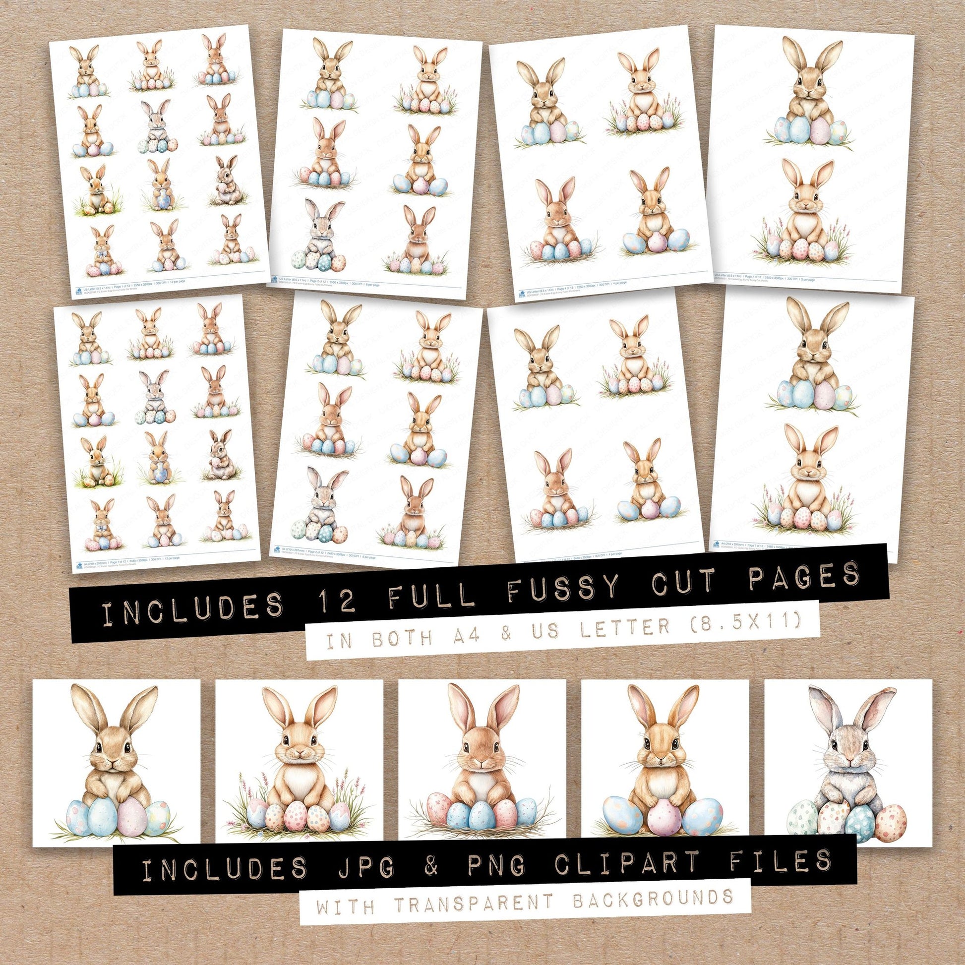 Full collection view of Easter Egg Bunny fussy cut sheets with bonus clipart JPG and PNG files