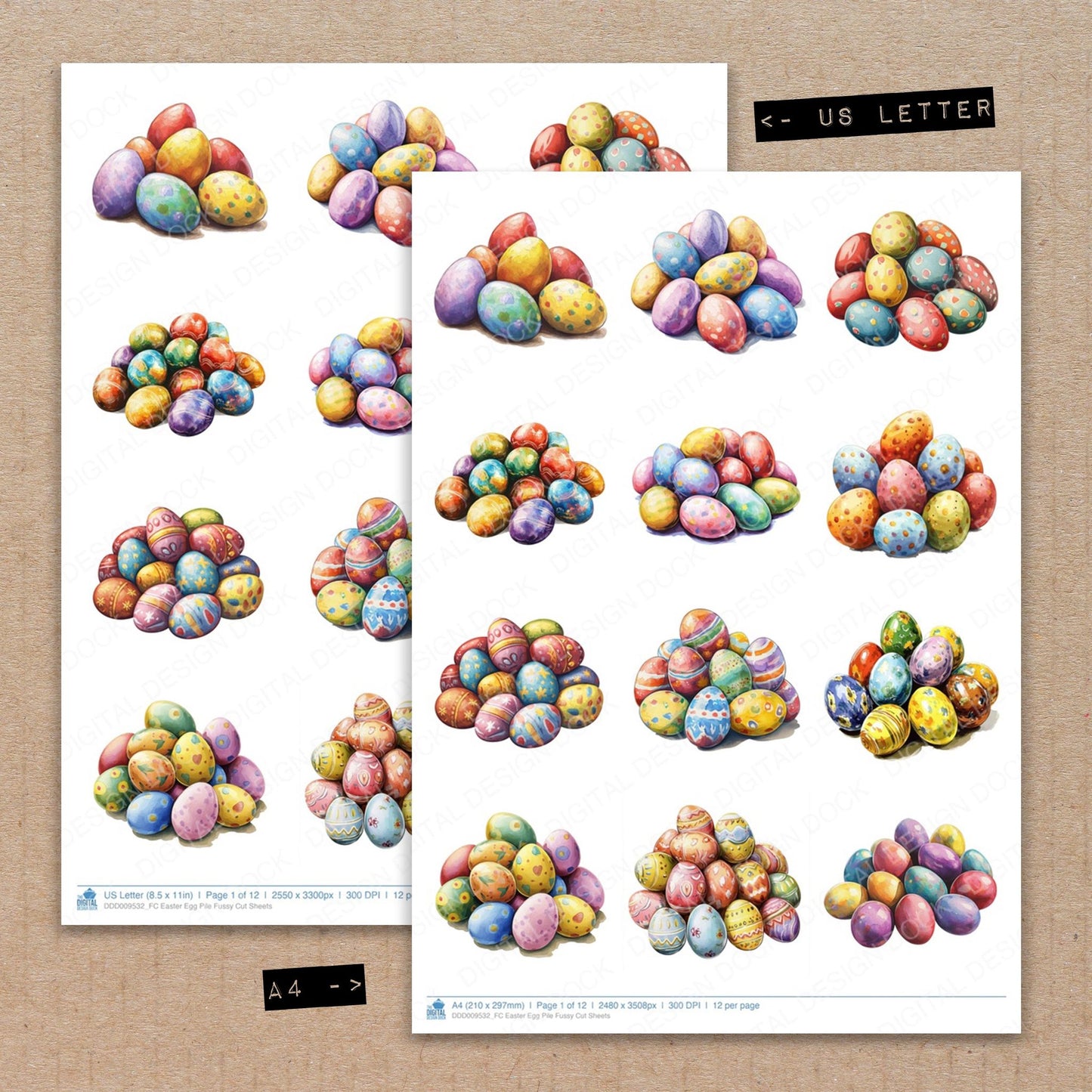 A4 and US Letter format comparison showing Easter Egg Pile fussy cut pages for print and cut crafting