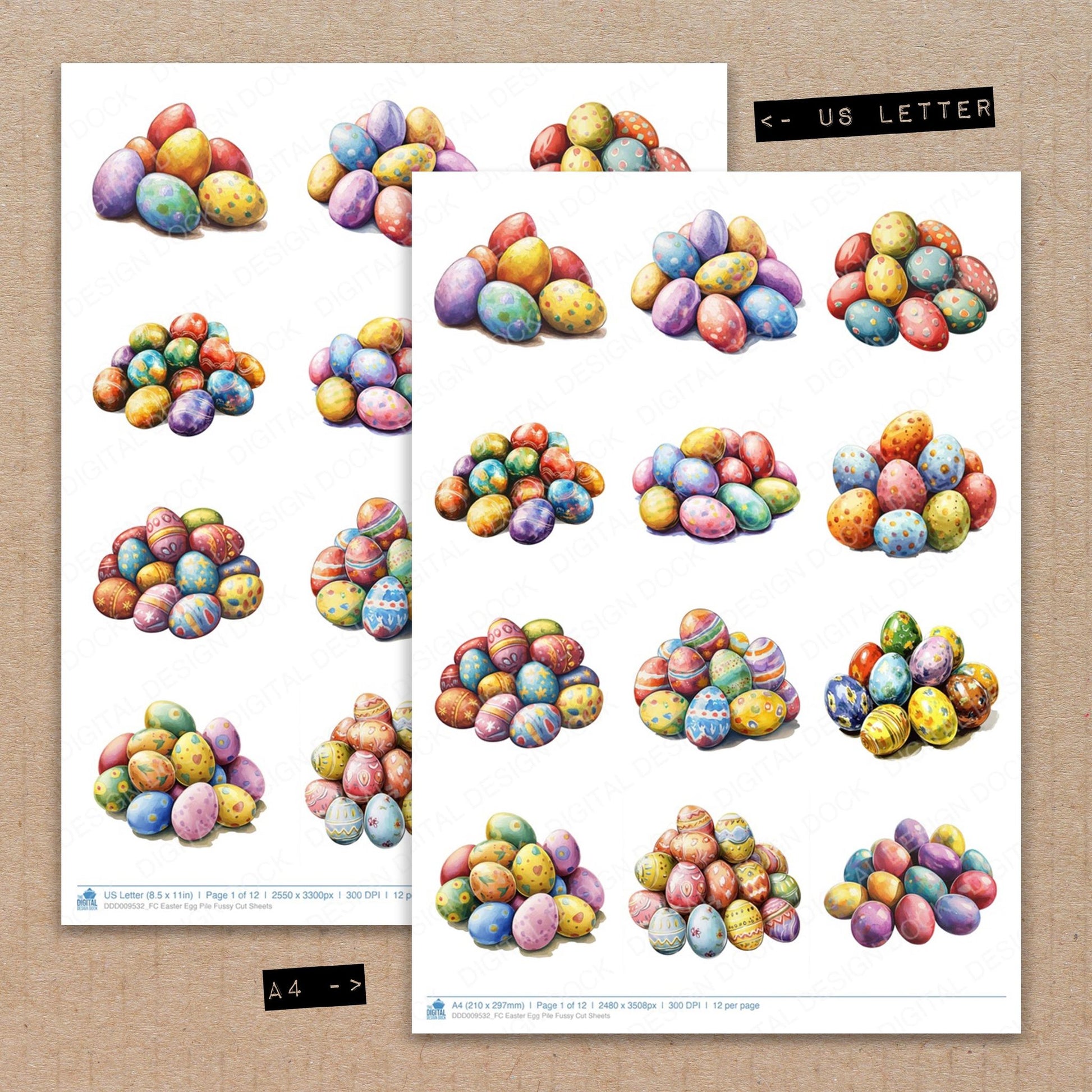 A4 and US Letter format comparison showing Easter Egg Pile fussy cut pages for print and cut crafting