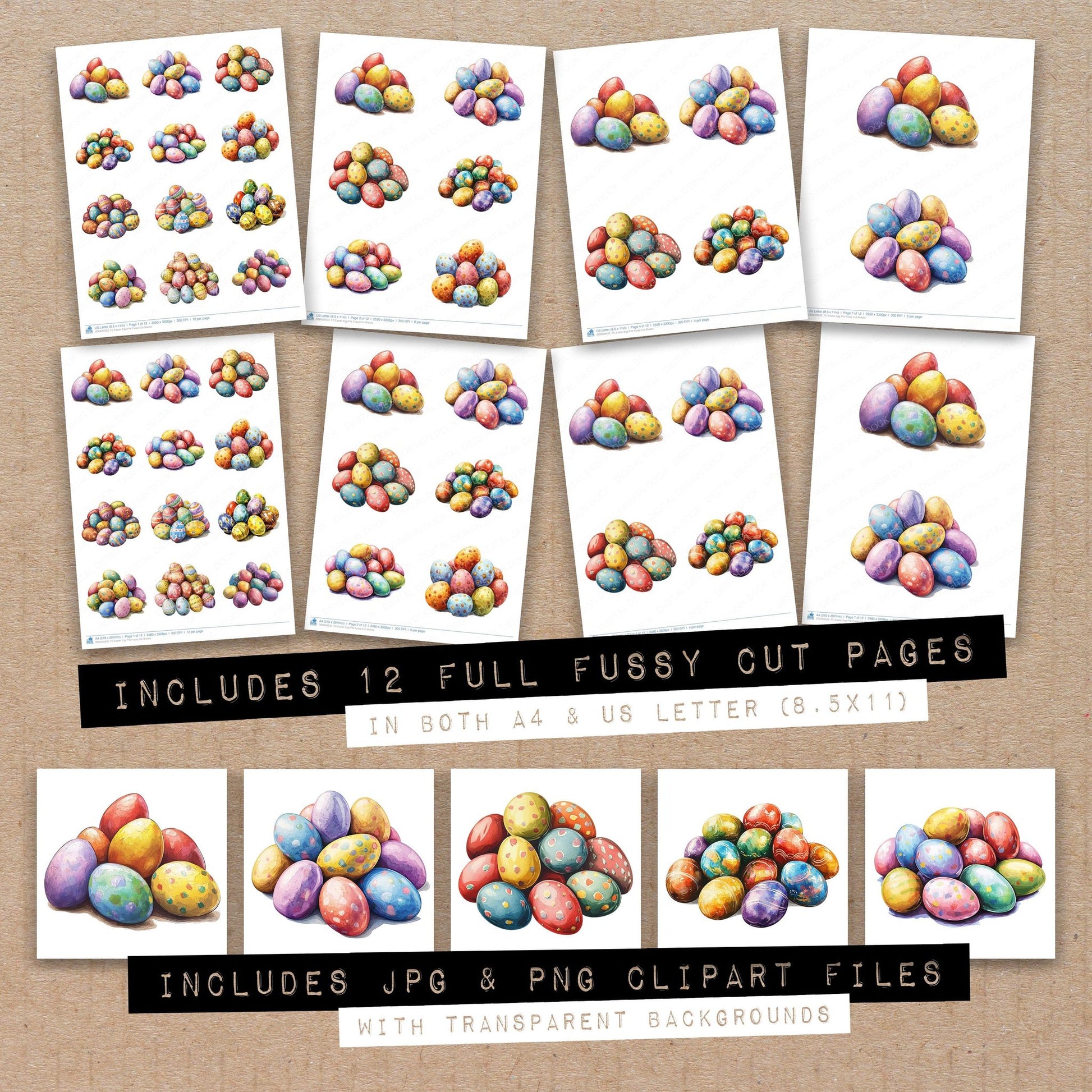 Full collection view of Easter Egg Pile fussy cut sheets with bonus clipart JPG and PNG files