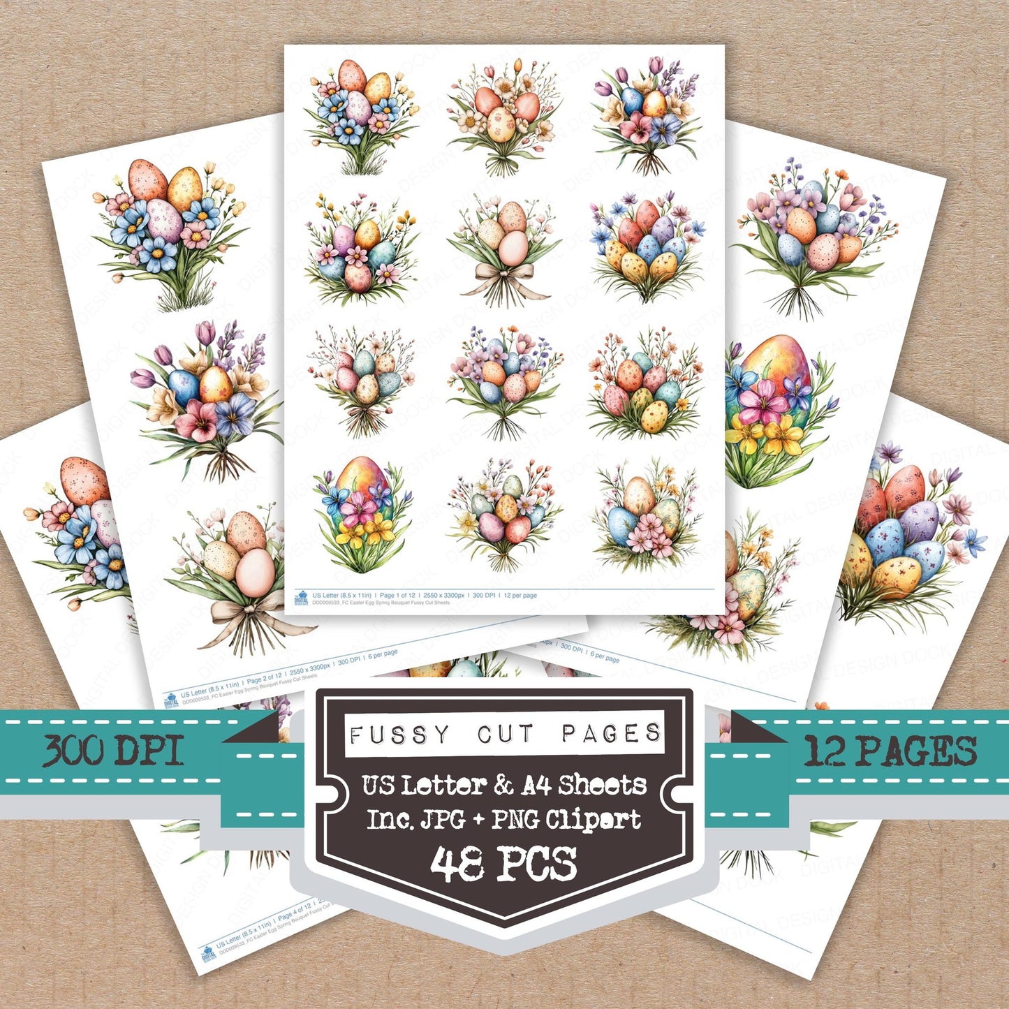 Easter Egg Spring Bouquet fussy cut printable sheets for junk journaling, scrapbooking, and paper craft projects