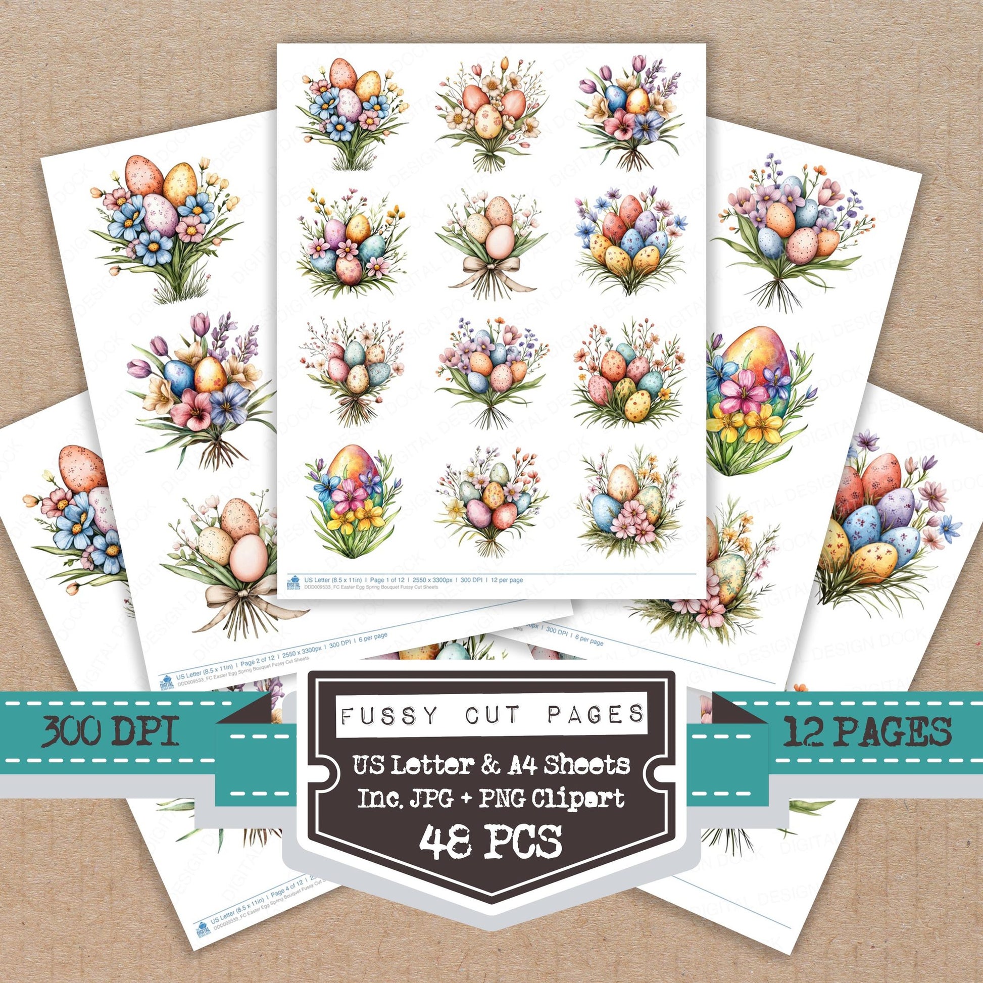 Easter Egg Spring Bouquet fussy cut printable sheets for junk journaling, scrapbooking, and paper craft projects