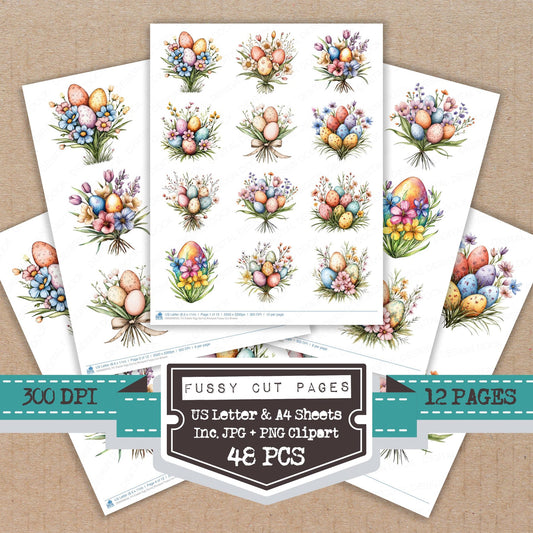 Easter Egg Spring Bouquet fussy cut printable sheets for junk journaling, scrapbooking, and paper craft projects