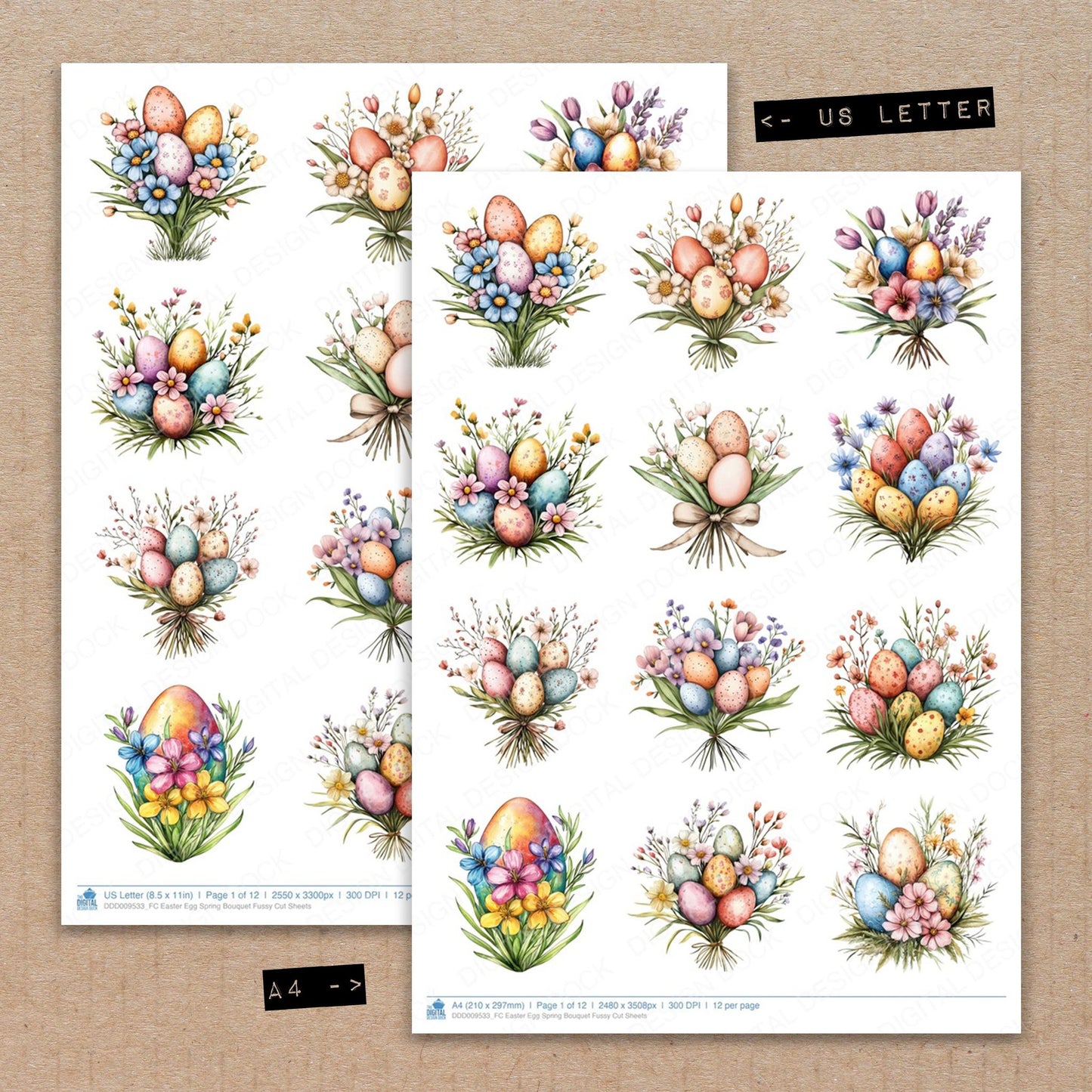 A4 and US Letter format comparison showing Easter Egg Spring Bouquet fussy cut pages for print and cut crafting
