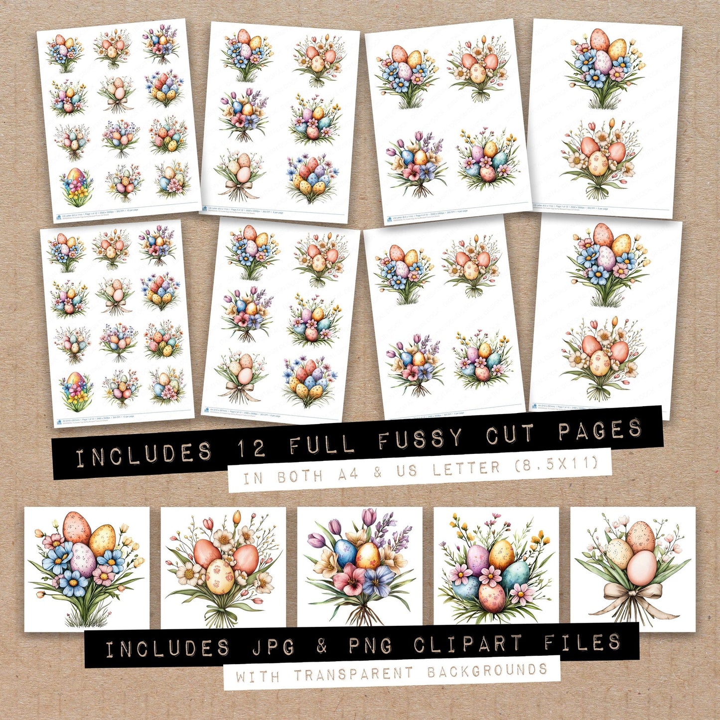 Full collection view of Easter Egg Spring Bouquet fussy cut sheets with bonus clipart JPG and PNG files