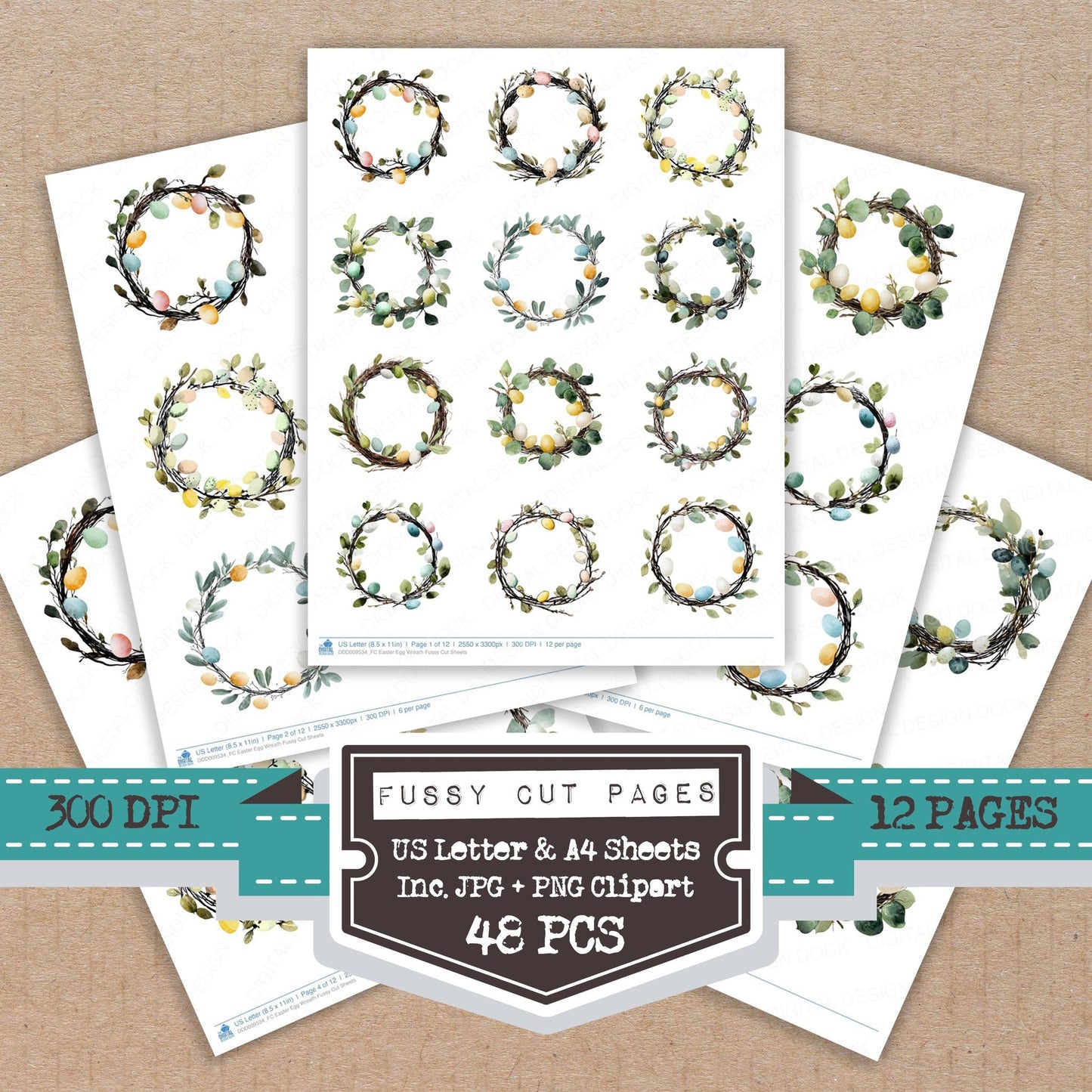 Easter Egg Wreath fussy cut printable sheets for junk journaling, scrapbooking, and paper craft projects