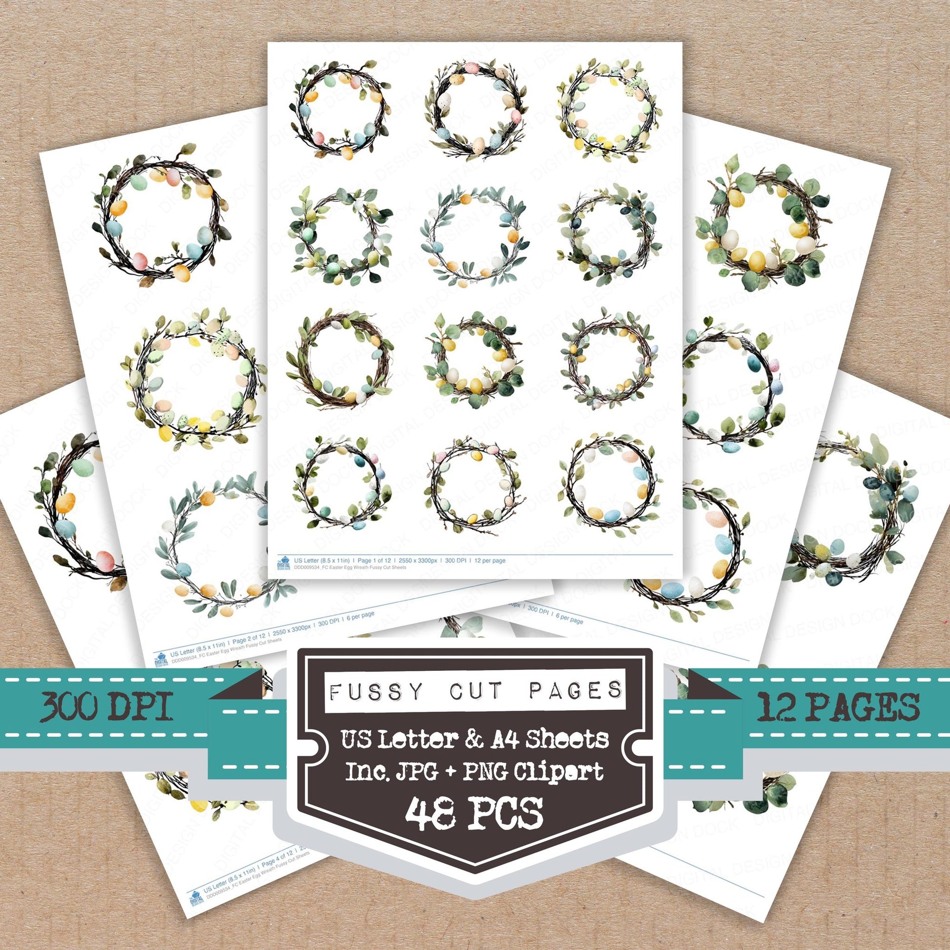 Easter Egg Wreath fussy cut printable sheets for junk journaling, scrapbooking, and paper craft projects