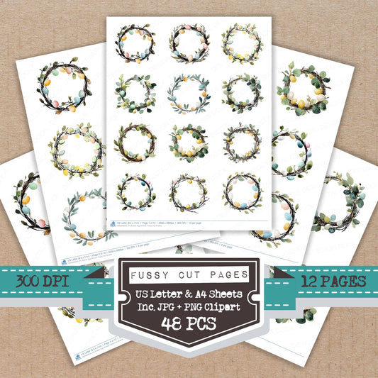 Easter Egg Wreath fussy cut printable sheets for junk journaling, scrapbooking, and paper craft projects
