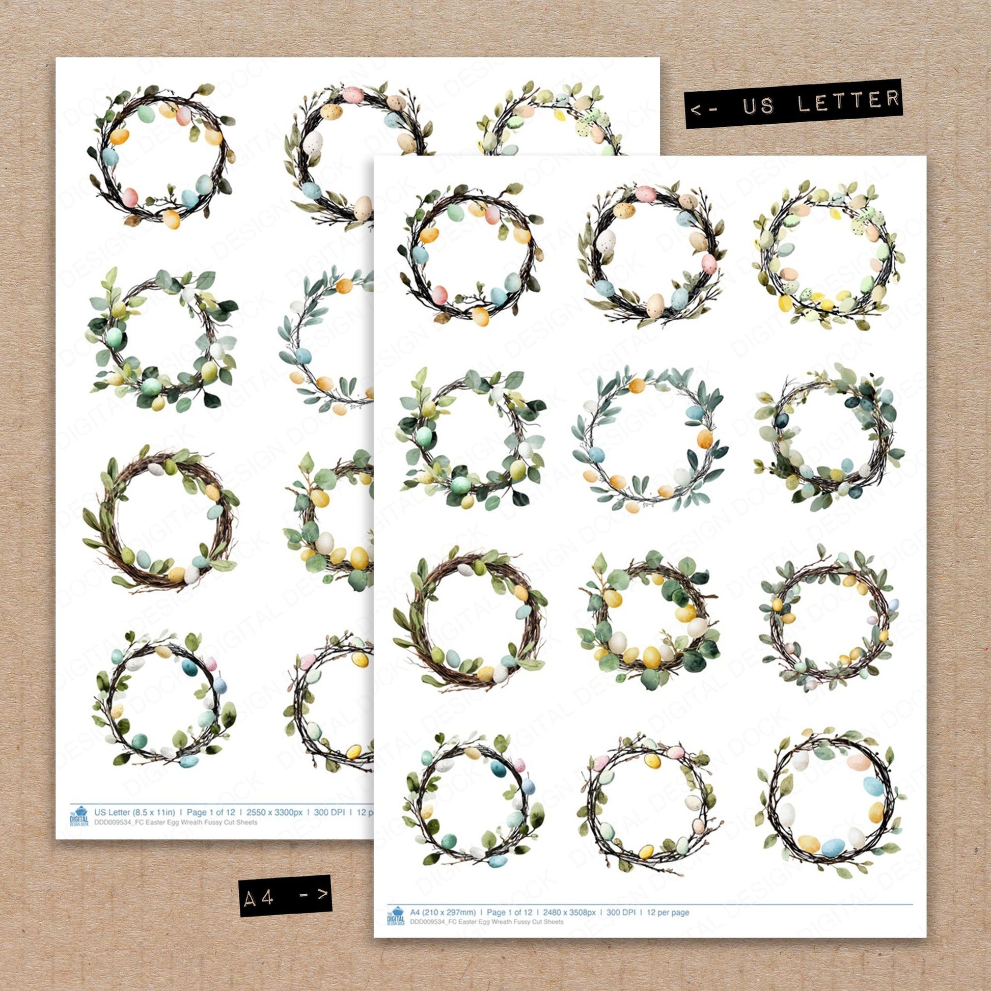 A4 and US Letter format comparison showing Easter Egg Wreath fussy cut pages for print and cut crafting