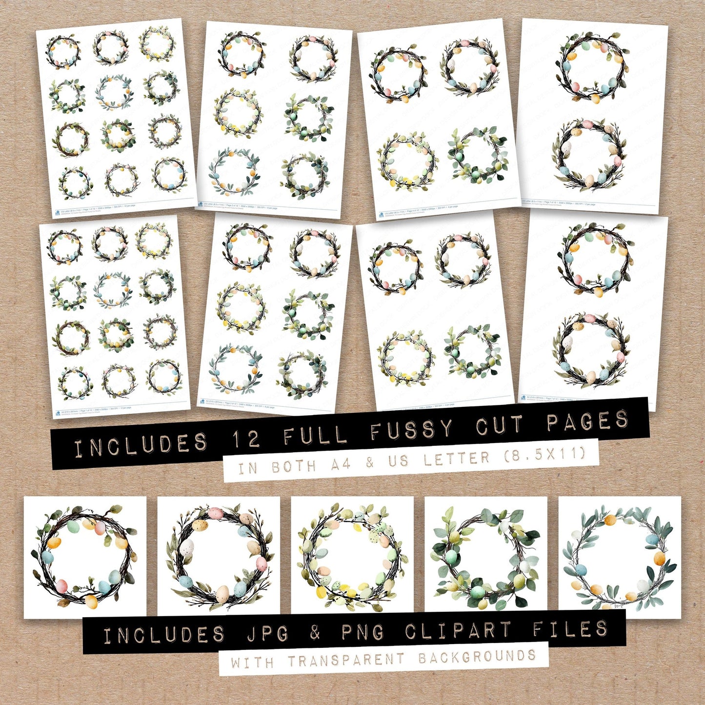 Full collection view of Easter Egg Wreath fussy cut sheets with bonus clipart JPG and PNG files