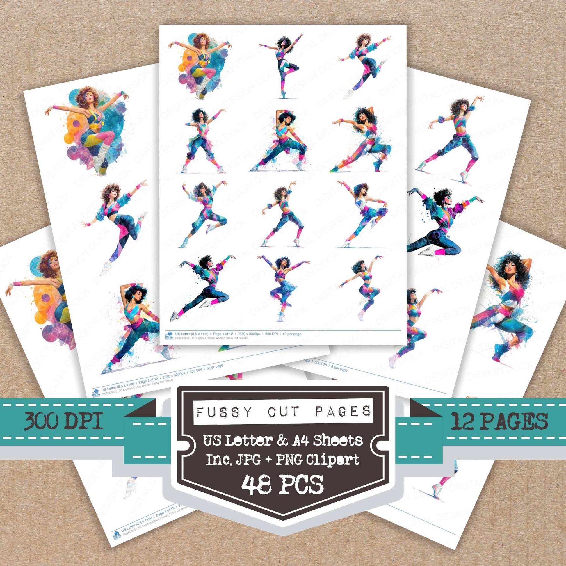 Eighties Dance Woman fussy cut printable sheets for junk journaling, scrapbooking, and paper craft projects