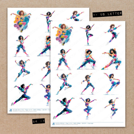 A4 and US Letter format comparison showing Eighties Dance Woman fussy cut pages for print and cut crafting