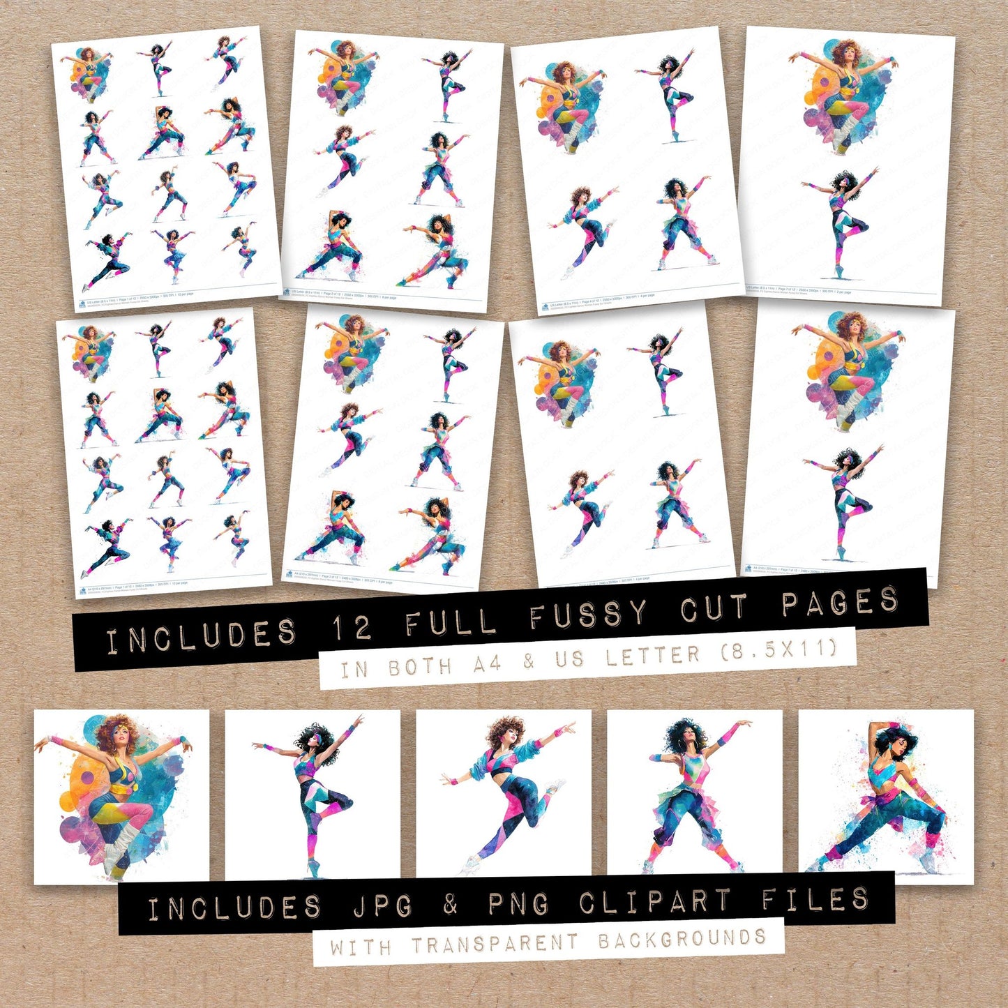 Full collection view of Eighties Dance Woman fussy cut sheets with bonus clipart JPG and PNG files