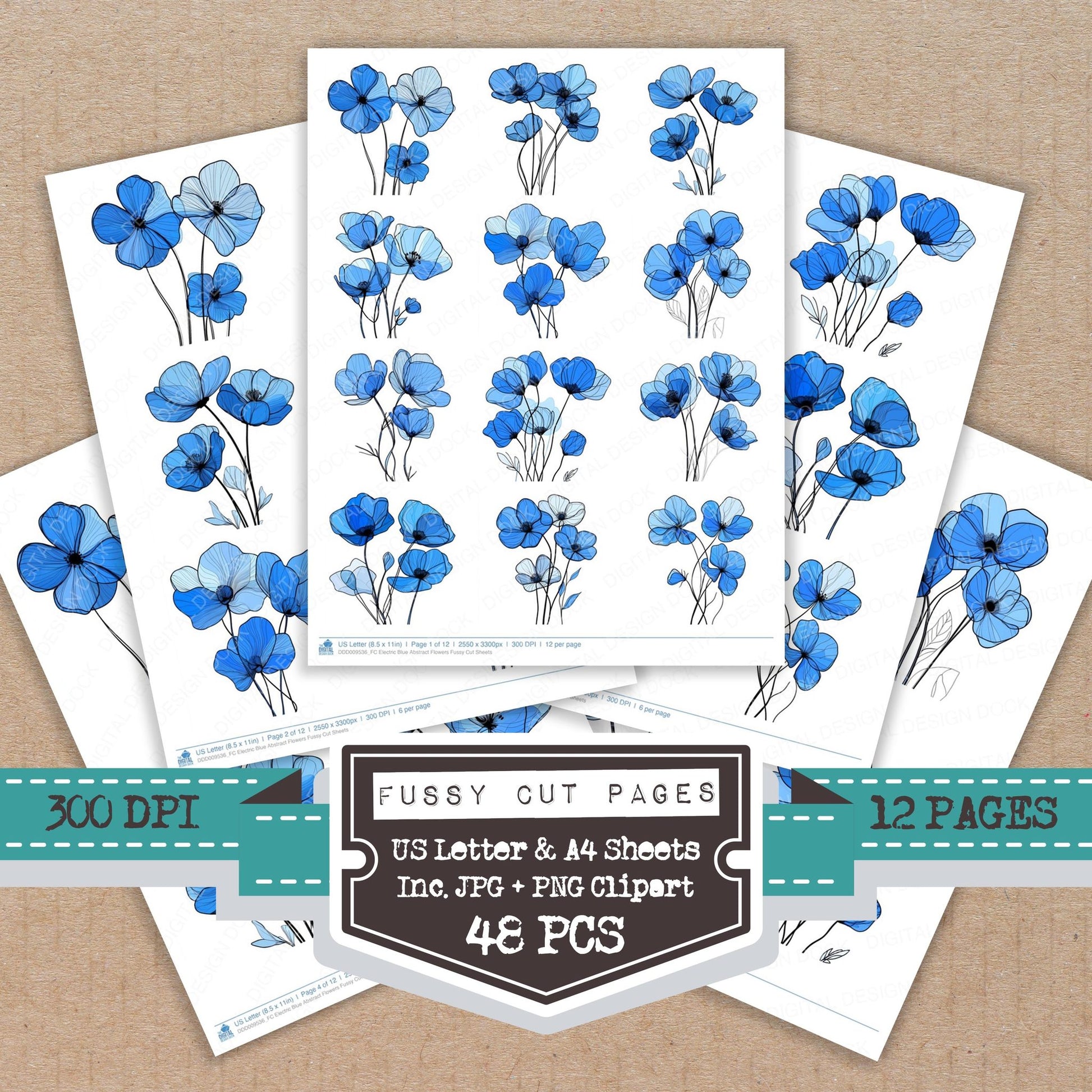 Electric Blue Abstract Flowers fussy cut printable sheets for junk journaling, scrapbooking, and paper craft projects